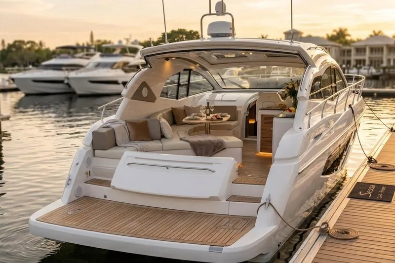 Slide: The Image of 2024 Sessa Marine C44 Cruiser with people relaxing on a floating platform in clear water. - 1