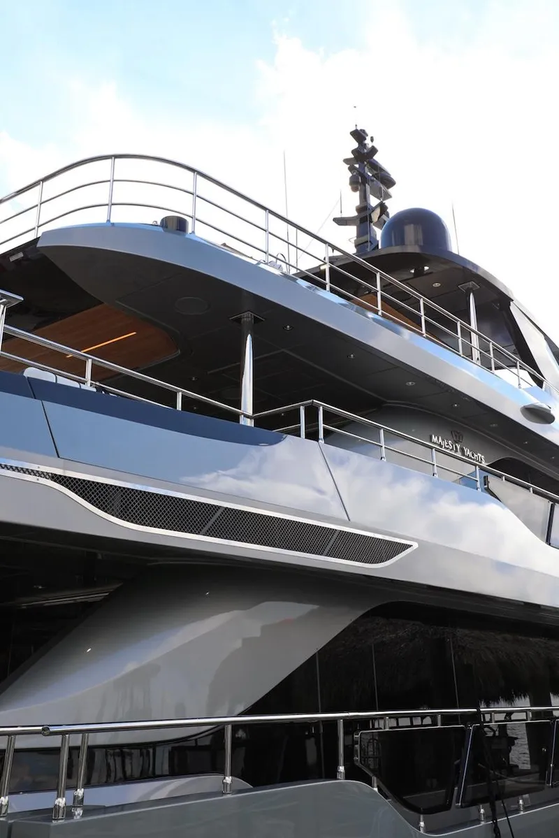 Slide: The Image of Majesty 120 yacht, 2025 model, sleek design, luxury exterior view. - 28