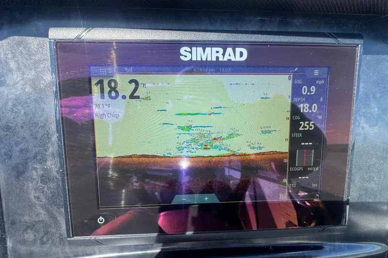 Slide: The Image of Simrad fish finder display on 2020 SunCatcher Elite 326 DLX SS boat. - 24