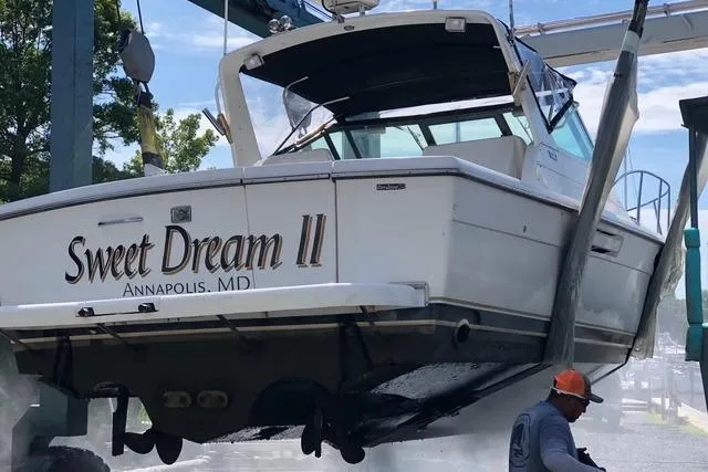 Slide: The Image of 2001 Tiara Yachts 2900 Open being lifted, named "Sweet Dream II," Annapolis, MD. - 5