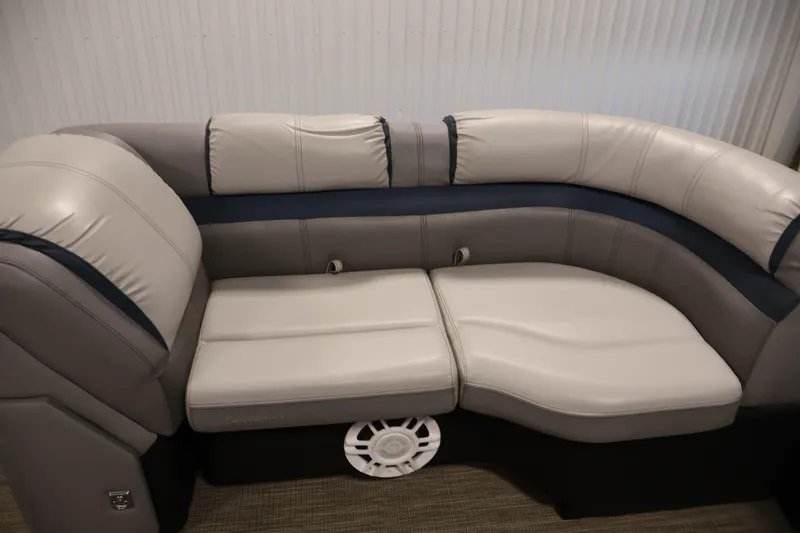 Slide: The Image of Luxurious Sweetwater 2186 pontoon boat seating, 2018 model, featuring plush gray upholstery. - 12