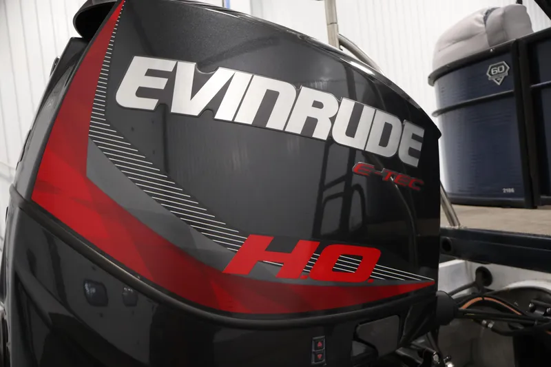 Slide: The Image of Evinrude E-TEC HO outboard motor on 2018 Sweetwater 2186 boat, close-up view. - 40