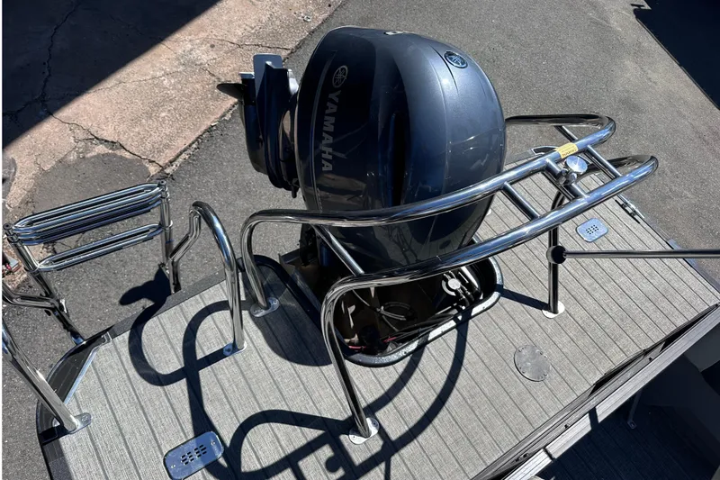 Slide: The Image of 2021 Sylvan Mirage X X3 boat with Yamaha outboard motor and stainless steel railings. - 6