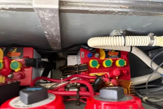 Slide: The Image of Electrical components and wiring inside a 1993 Sea Ray Sundancer 330 boat. - 108