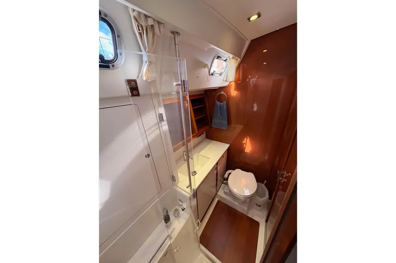 Slide: The Image of Luxurious bathroom interior of 2015 Beneteau Oceanis Yacht 60 with modern fixtures. - 55