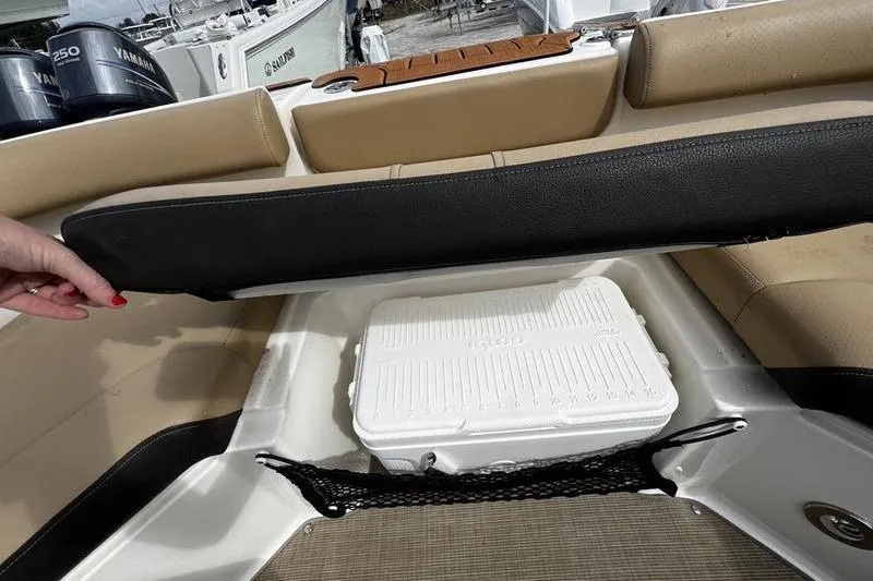 Slide: The Image of 2019 Sea Ray SDX 250 boat interior with storage compartment and cooler. - 12