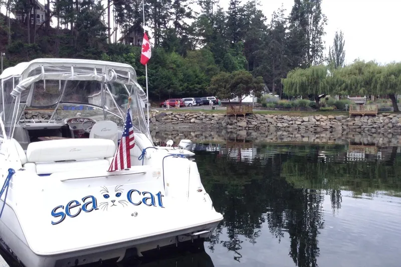 Slide: The Image of 1998 Bayliner 2655 Ciera Sunbridge boat named "Sea Cat" docked by a scenic shoreline. - 7