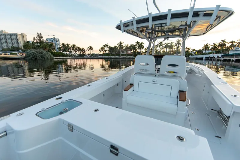 Slide: The Image of Manufacturer Provided Image: 2025 Southport 30 FE boat on calm water with palm trees in the background. - 5