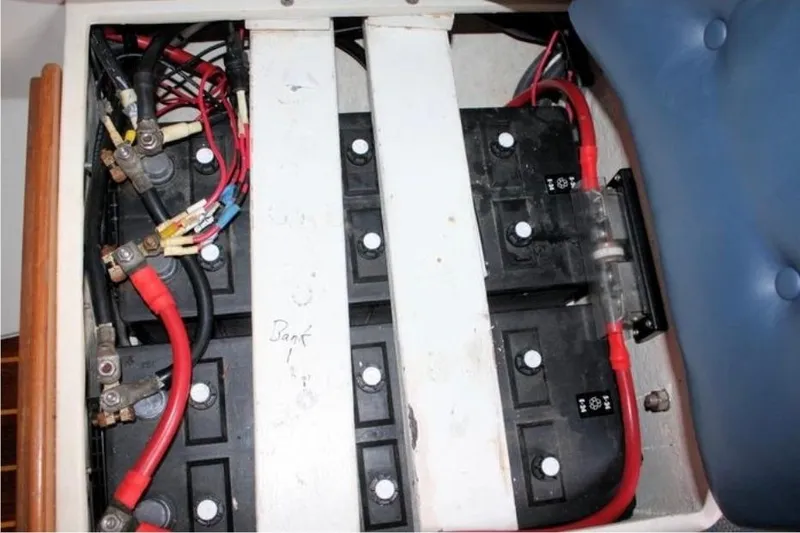 Slide: The Image of Battery compartment of a 2001 Catalina 36 MkII sailboat with wiring connections. - 10