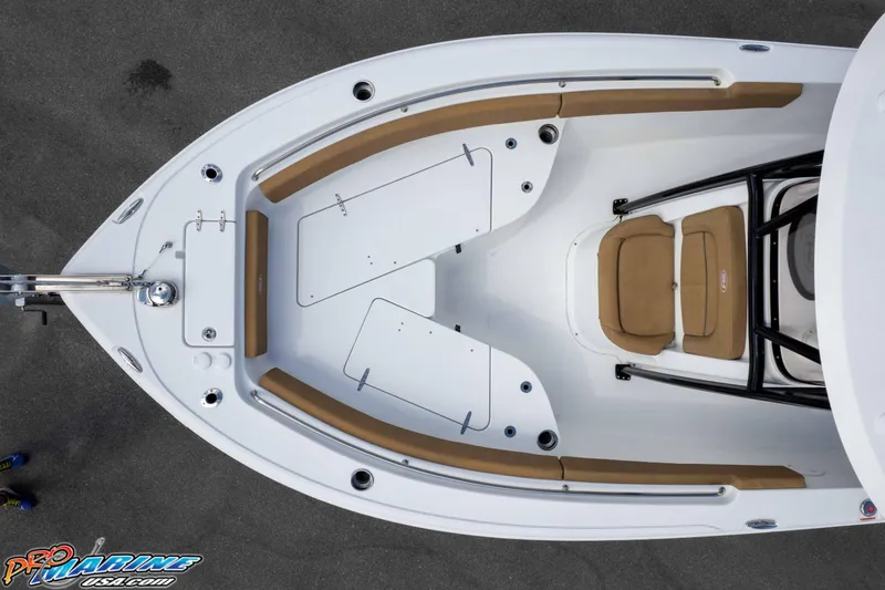Slide: The Image of 2023 Sea Hunt Ultra 229 boat interior with cushioned seating and storage compartments. - 47