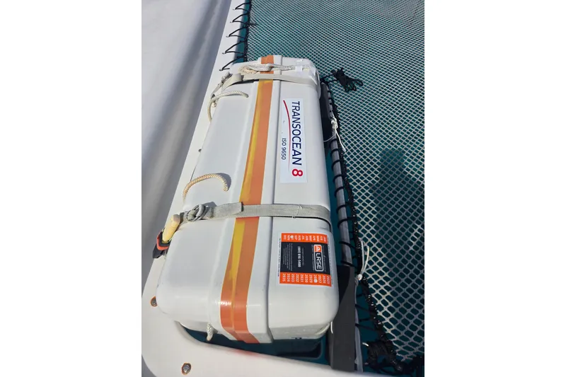 Slide: The Image of Life raft on 2016 Outremer 45 catamaran deck, labeled "Transocean 8." - 46