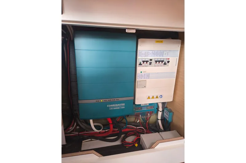 Slide: The Image of Electrical system of a 2016 Outremer 45 yacht, featuring a CombiMaster inverter. - 54