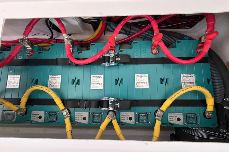 Slide: The Image of Battery compartment of a 2016 Outremer 45, featuring Mastervolt lithium-ion batteries. - 85