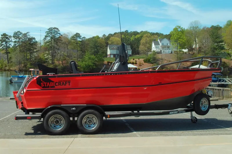 Slide: The Image of Red 2026 Stabicraft 2050 Frontier boat on trailer, parked near a scenic lake. - 2