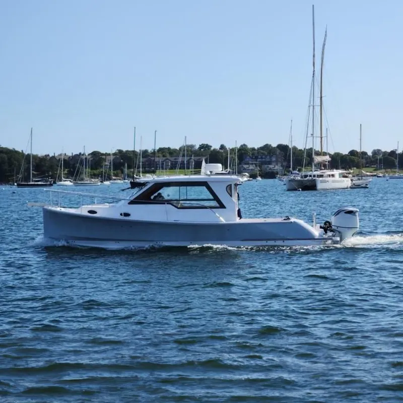 Slide: The Image of 2024 True North 34 Outboard Express boat cruising on a sunny day. - 35