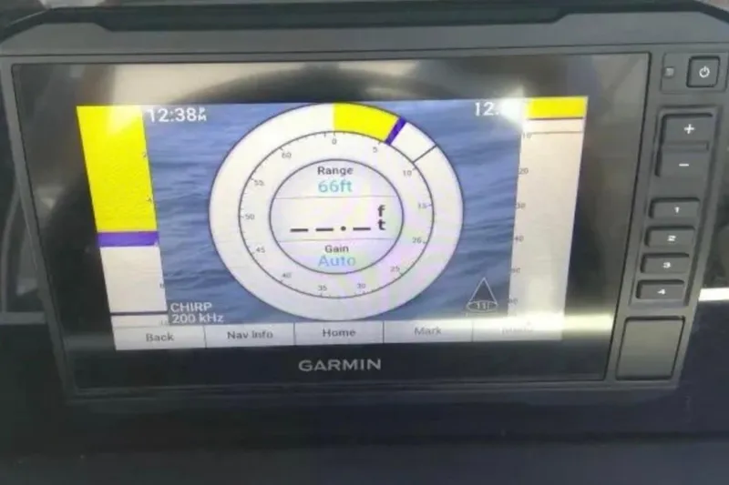 Slide: The Image of Garmin marine display on 2021 Crownline Eclipse E255 showing sonar range and settings. - 42