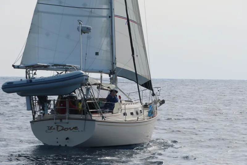 Slide: The Image of 1994 Island Packet 32 sailboat cruising on open sea with sails unfurled. - 6