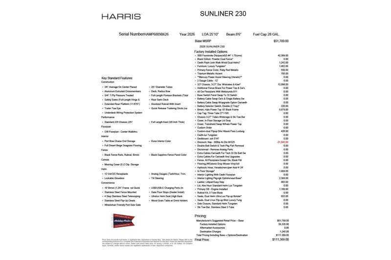 Slide: The Image of 2026 Harris Sunliner 230 specifications and pricing details sheet. - 6