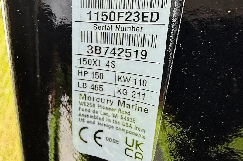 Slide: The Image of Label on Mercury Marine engine, 150XL 4S, 150 HP, for Bayliner V20, 2026 model. - 13