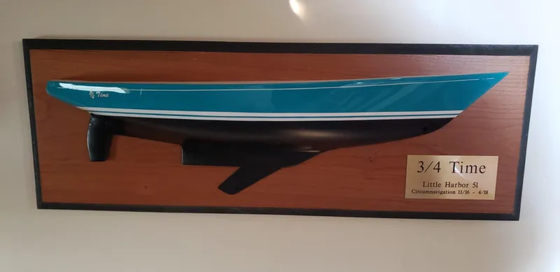 Slide: The Image of Model of 1996 Little Harbor 51 Pilothouse yacht, labeled "3/4 Time," on wooden plaque. - 43