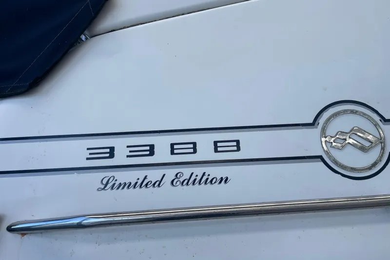 Slide: The Image of 2001 Bayliner 3388 Command Bridge Motoryacht, Limited Edition emblem detail. - 48