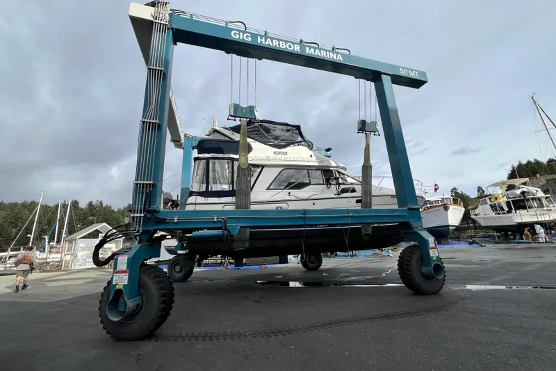 Slide: The Image of 2001 Bayliner 3388 Command Bridge Motoryacht lifted at Gig Harbor Marina. - 60