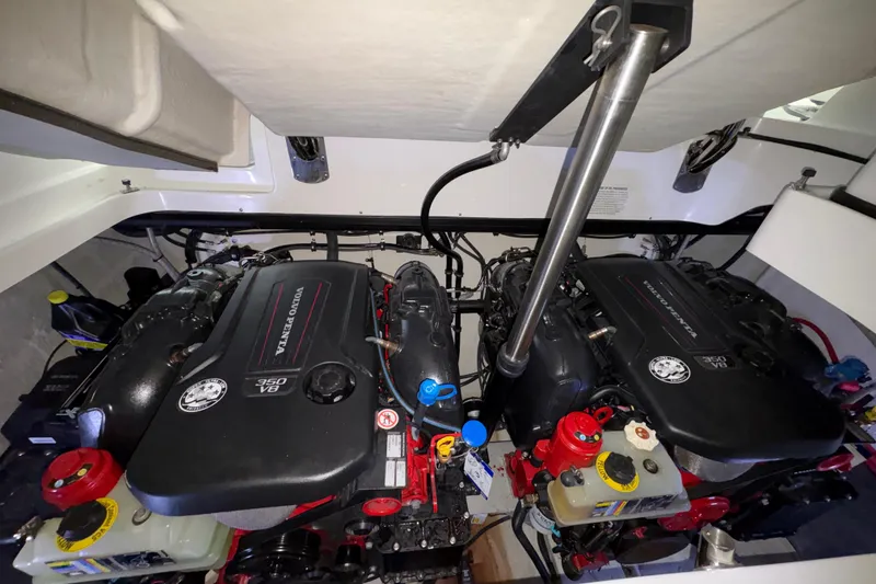 Slide: The Image of Twin Volvo Penta 350 V8 engines in a 2017 Cobalt R35 boat. - 32