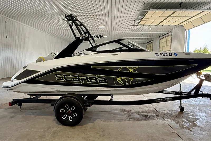 Slide: The Image of 2023 Scarab 195 ID boat on trailer in indoor storage facility. - 3