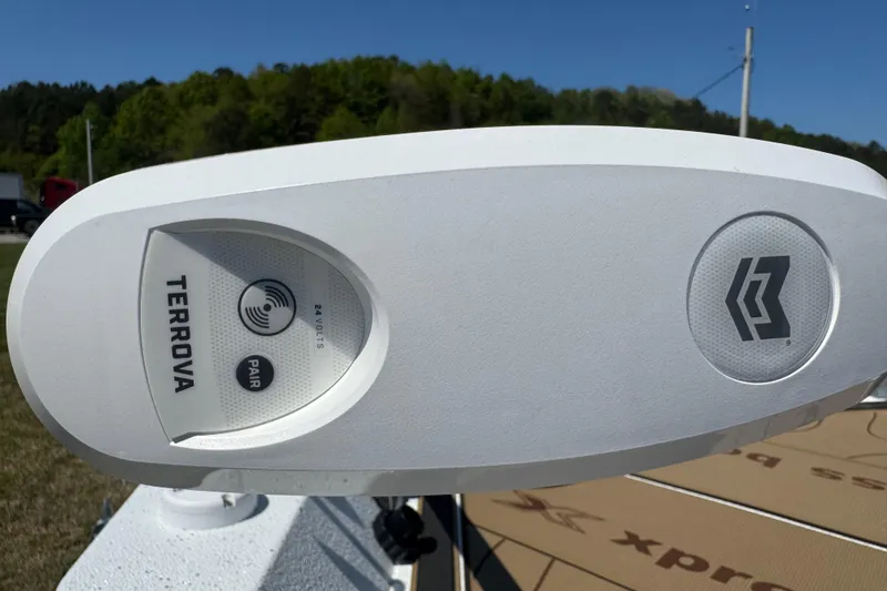 Slide: The Image of Close-up of Terrova motor on 2026 Xpress XR21 Bay boat. - 4