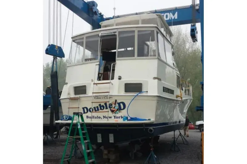 Slide: The Image of 1987 Chris-Craft 427 Catalina boat in dry dock, Buffalo, New York. - 3