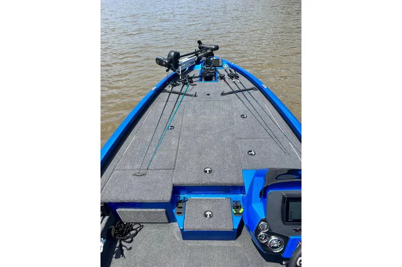 Slide: The Image of 2022 Vexus AVX 2080 boat deck with fishing rods and equipment on water. - 4