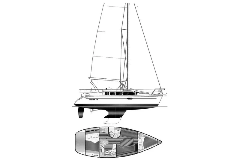 Slide: The Image of Sailboat diagram of 1998 Hunter 310, featuring interior layout and sail design. - 5