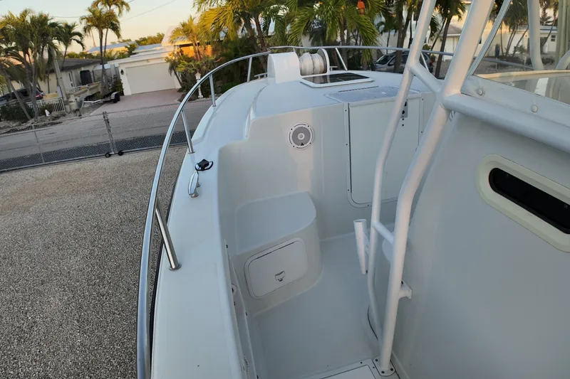 Slide: The Image of 2003 Pro Sports 2860 SC ProKat boat deck with railing and ladder, surrounded by palm trees. - 9