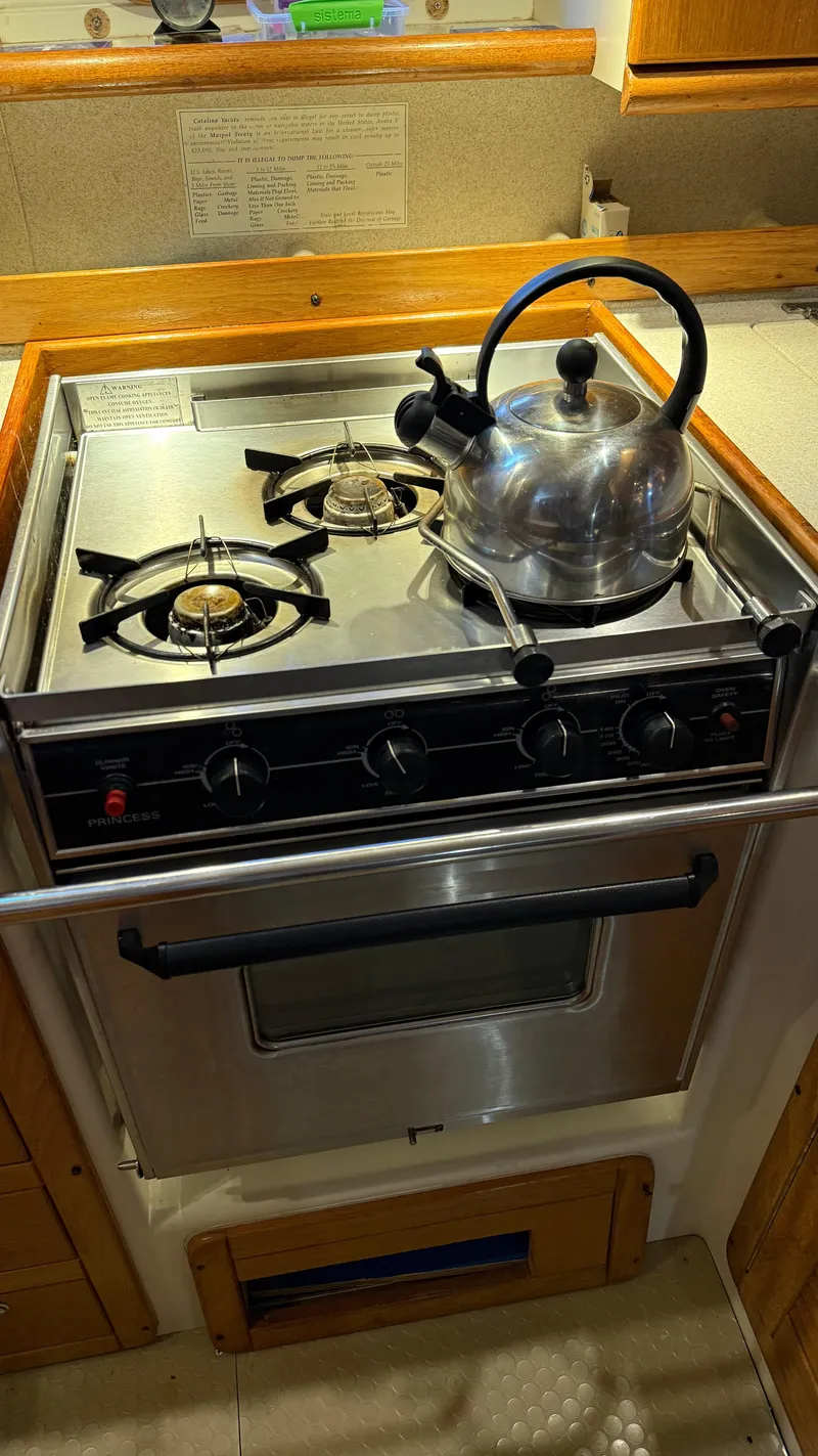 Slide: The Image of Stainless steel stove with kettle in 2004 Catalina 470 yacht kitchen. - 17