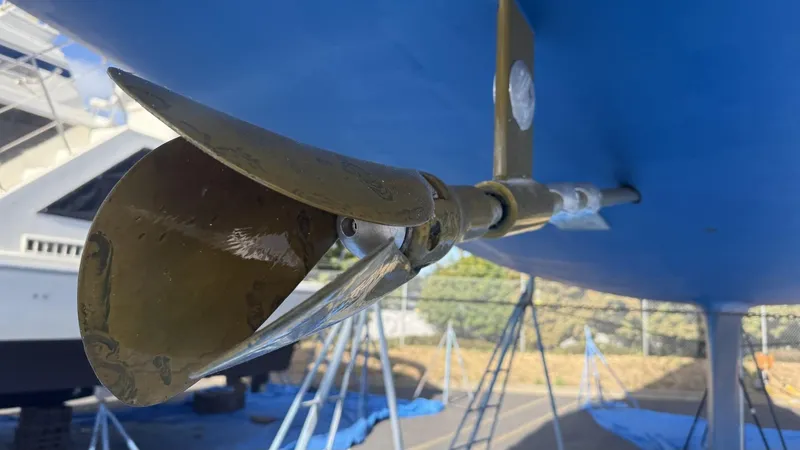 Slide: The Image of Close-up of a 2004 Catalina 470 sailboat propeller and shaft. - 49