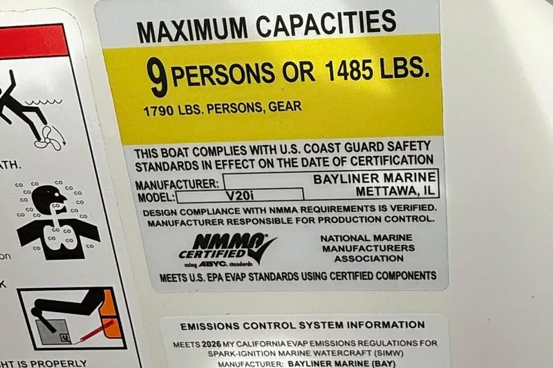 Slide: The Image of Bayliner V20i 2026 boat capacity label, maximum 9 persons or 1485 lbs, NMMA certified. - 11