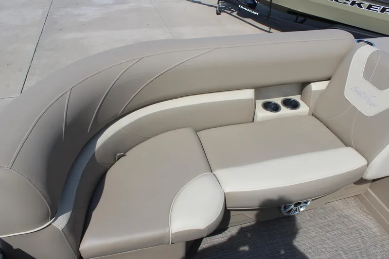 Slide: The Image of Luxurious seating on 2020 SunChaser Geneva Fish 20 4.0 pontoon boat with cup holders. - 10