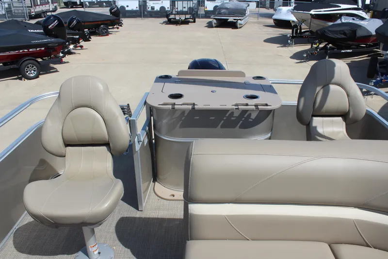 Slide: The Image of Interior of 2020 SunChaser Geneva Fish 20 4.0 pontoon boat with beige seating. - 20