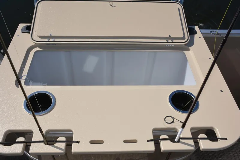 Slide: The Image of Manufacturer Provided Image: SunChaser Geneva Fish 20 4.0 2020 boat with open storage compartment and fishing rod holders. - 27