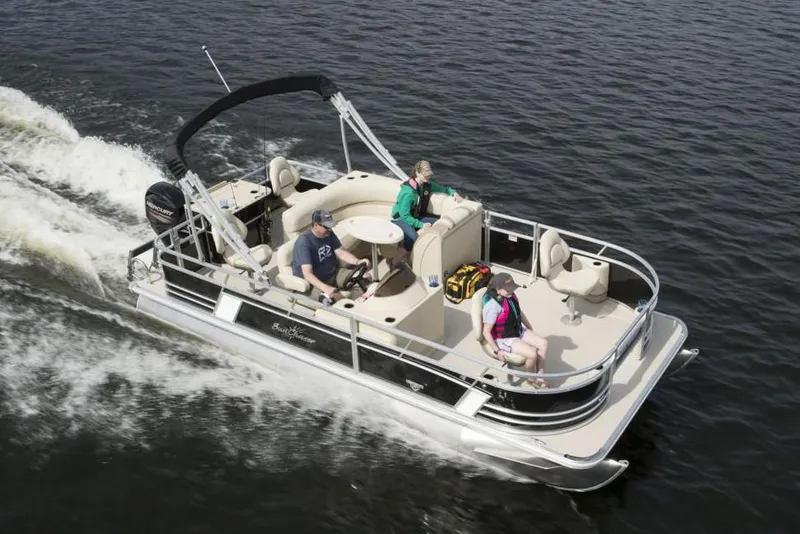 Slide: The Image of Manufacturer Provided Image: 2020 SunChaser Geneva Fish 20 4.0 pontoon boat cruising on water. - 30