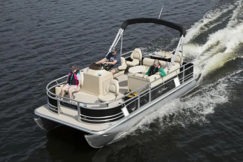 Slide: The Image of Manufacturer Provided Image: 2020 SunChaser Geneva Fish 20 4.0 pontoon boat cruising on water. - 32