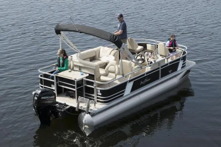 Slide: The Image of Manufacturer Provided Image: 2020 SunChaser Geneva Fish 20 4.0 pontoon boat on water with passengers. - 33