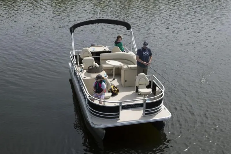Slide: The Image of Manufacturer Provided Image: 2020 SunChaser Geneva Fish 20 4.0 pontoon boat on a lake with people fishing. - 34