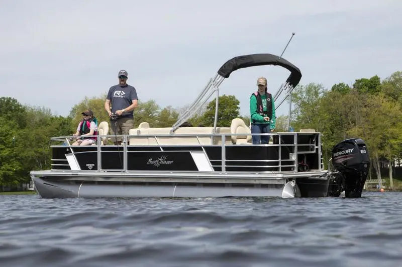 Slide: The Image of Manufacturer Provided Image: 2020 SunChaser Geneva Fish 20 4.0 pontoon boat on a lake with people fishing. - 35