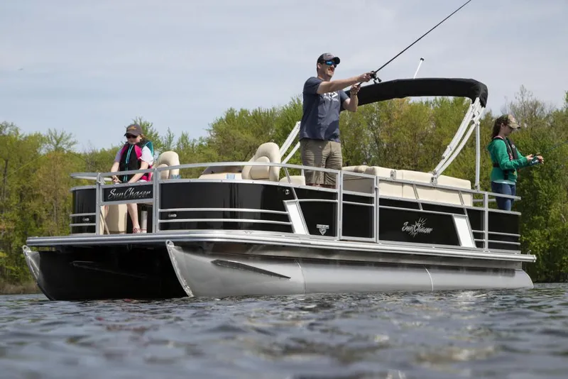 Slide: The Image of Manufacturer Provided Image: 2020 SunChaser Geneva Fish 20 4.0 pontoon boat with people fishing on a lake. - 36