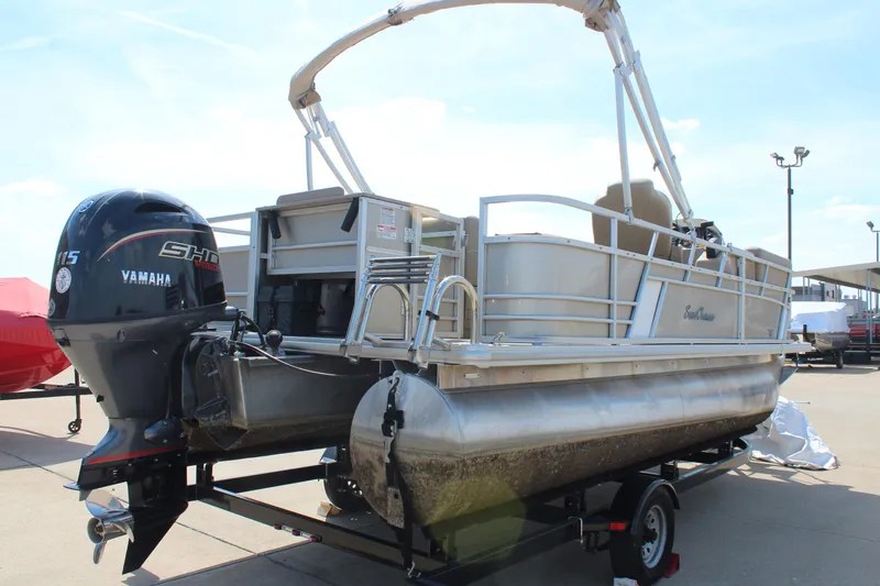 Slide: The Image of 2020 SunChaser Geneva Fish 20 4.0 pontoon boat with Yamaha motor on trailer. - 8