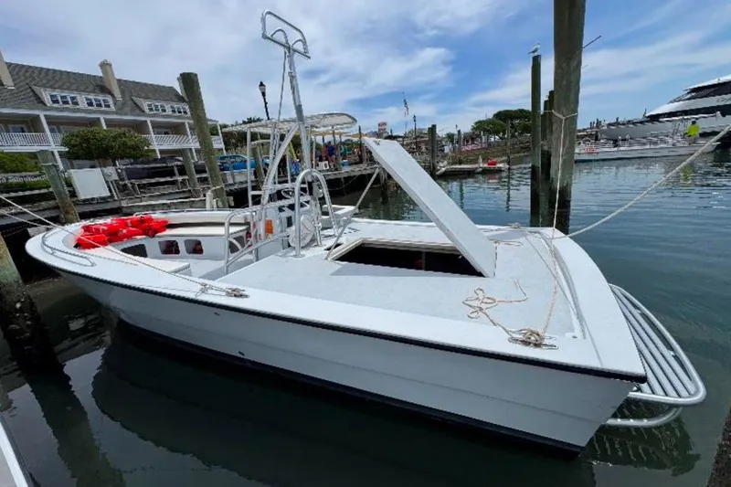 Slide: The Image of 1996 Premium 28 Parasail boat docked, featuring open deck and safety equipment. - 4