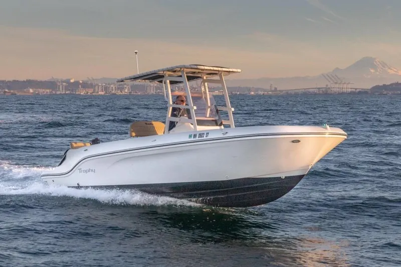 The Image of 2021 Bayliner 1903 Trophy Center Console DX cruising on open water at sunset. - 0