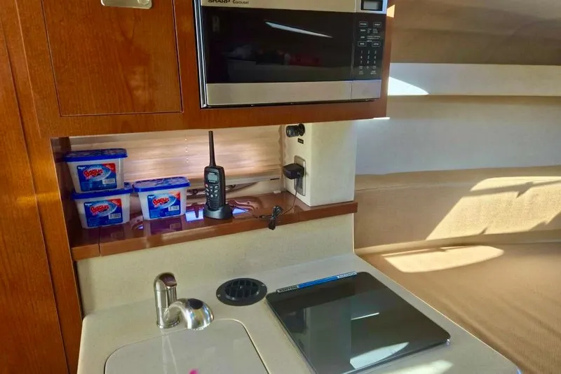 Slide: The Image of 2011 Sea Ray Sundancer 260 boat with blue canopy, parked on land. - 4