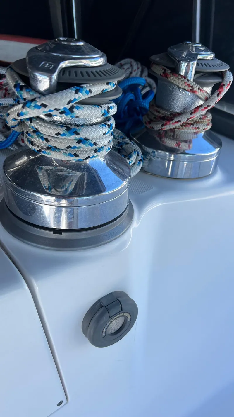 Slide: The Image of Sailboat winches with ropes on a 2000 Hunter 410 yacht. - 44